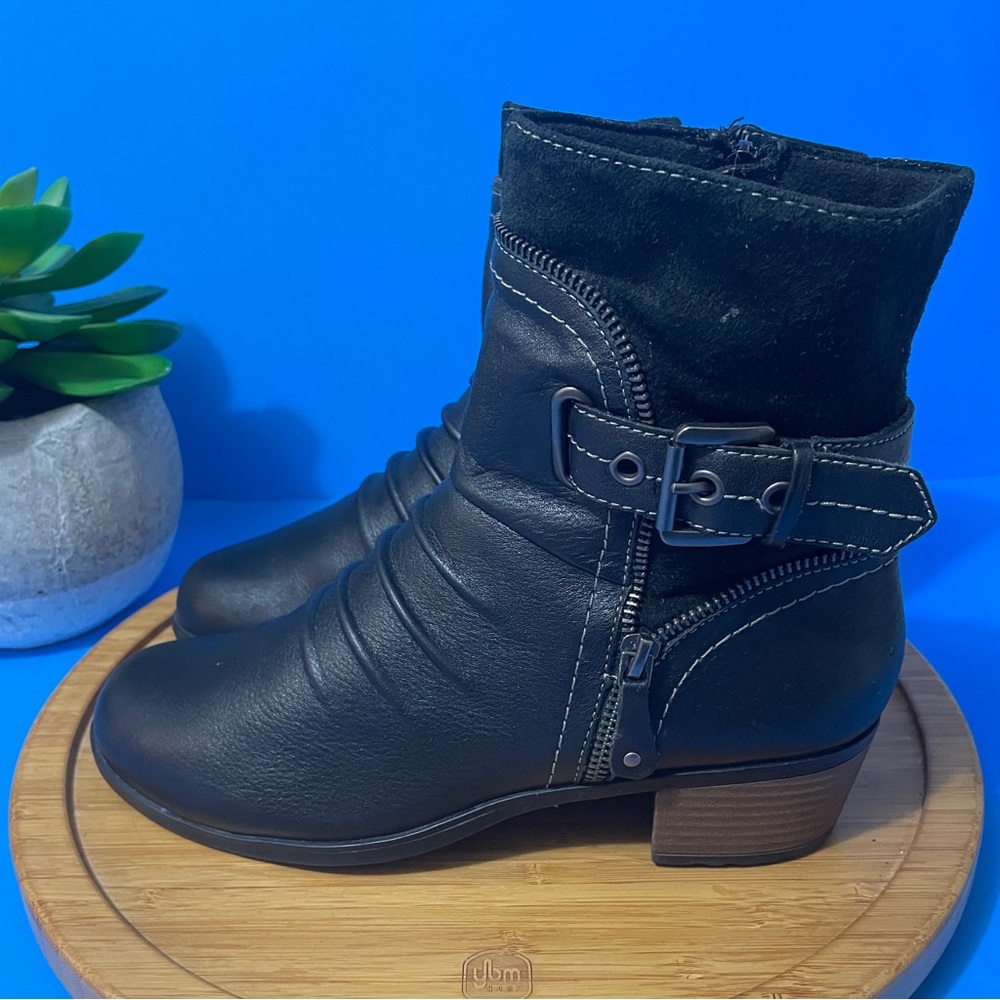 Earth Origins Dolly Black Block Ankle Boots Leather Buckle Detail Booties Size 9